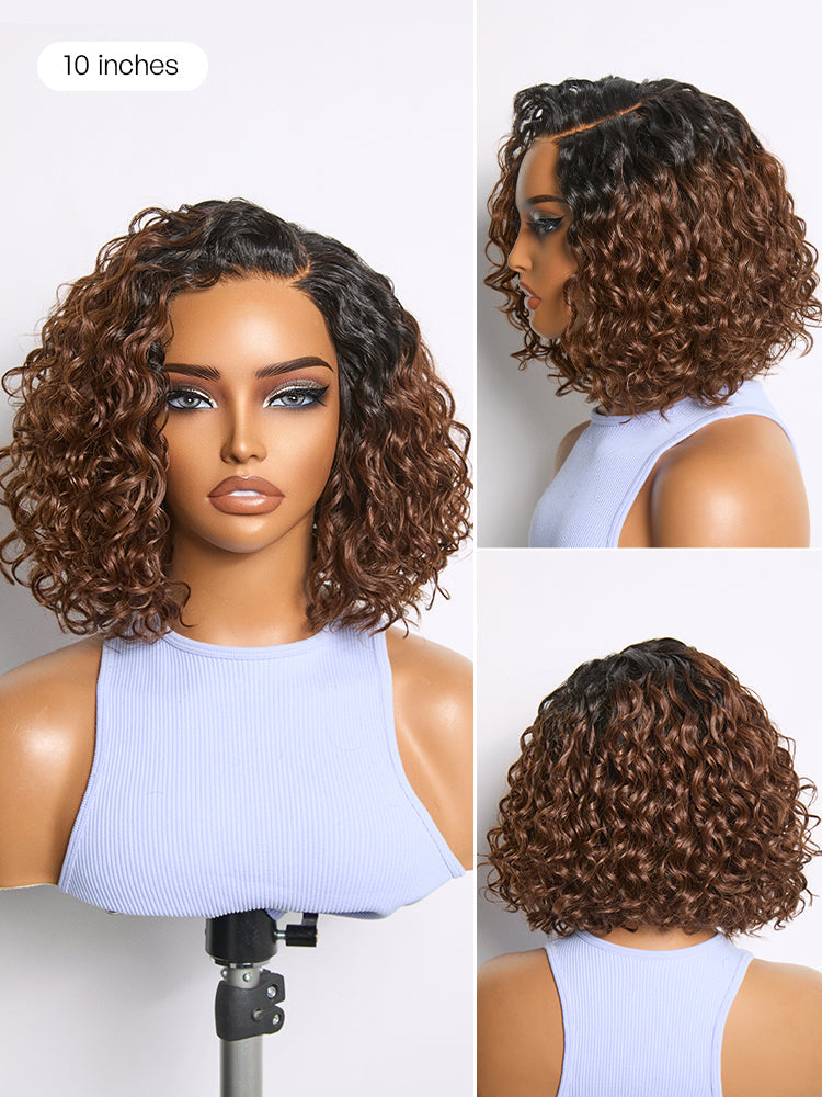 Ready to Go Ombre Brown Water Wave Short Curly Bob Wig Glueless Minimalist HD Lace Wig Pre-Cut Lace