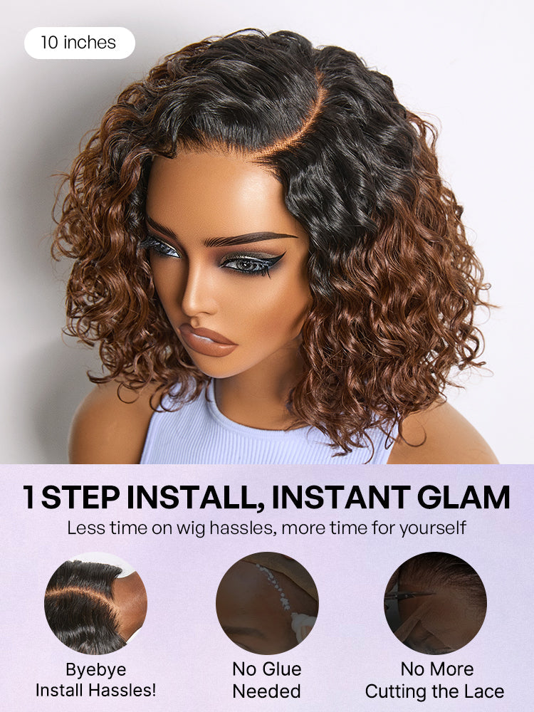 Ready to Go Ombre Brown Water Wave Short Curly Bob Wig Glueless Minimalist HD Lace Wig Pre-Cut Lace