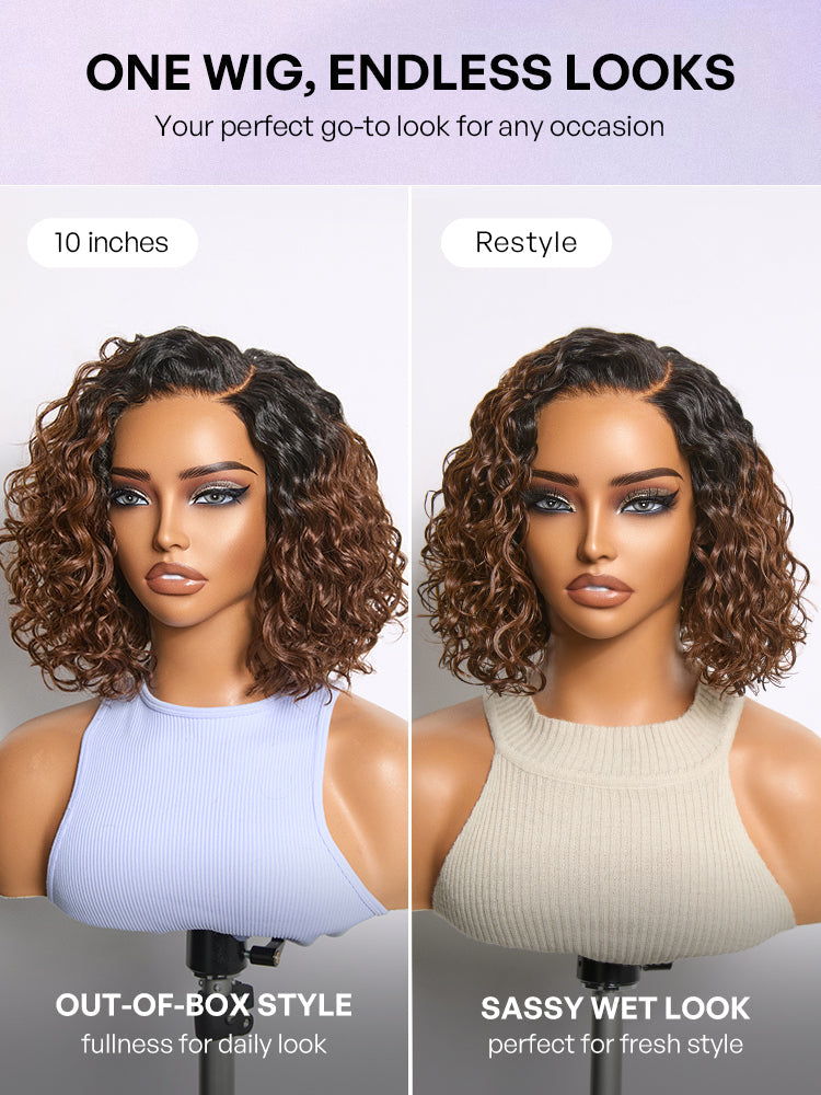 Ready to Go Ombre Brown Water Wave Short Curly Bob Wig Glueless Minimalist HD Lace Wig Pre-Cut Lace