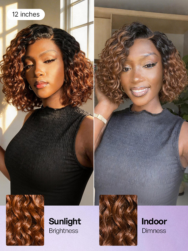 Ready to Go Ombre Brown Water Wave Short Curly Bob Wig Glueless Minimalist HD Lace Wig Pre-Cut Lace