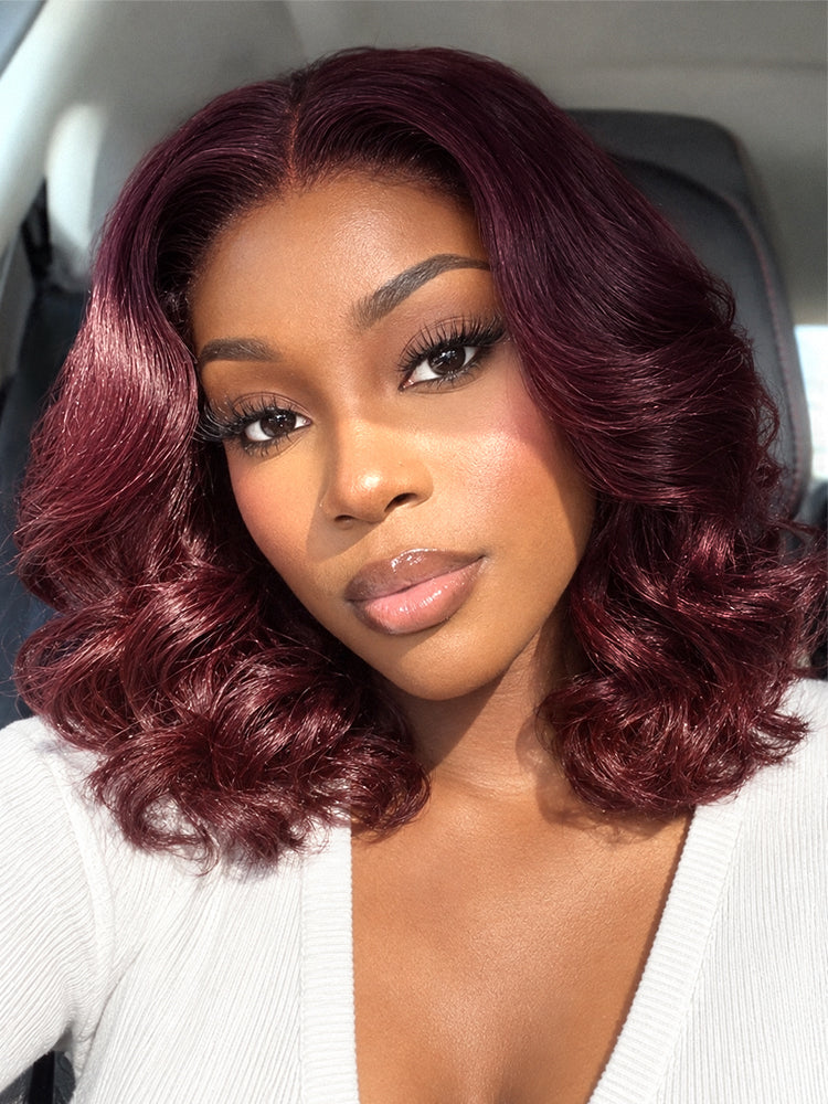Dark Plum 99J Color Wig Loose Wave Minimalist HD Lace Glueless Mid Part Short Wig with ADC Cap Pre-cut Lace