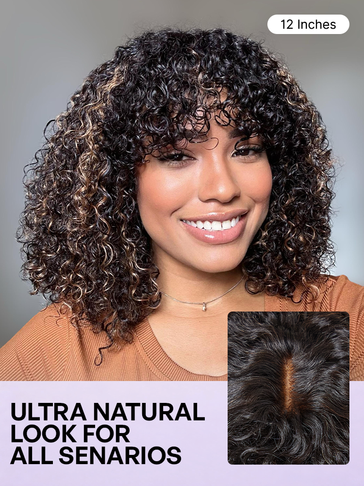 1 SEC INSTALL WIG | Brown Highlight / Natural Black Water Wave Natural Scalp Glueless Minimalist Lace Short Curly Wig with Bangs