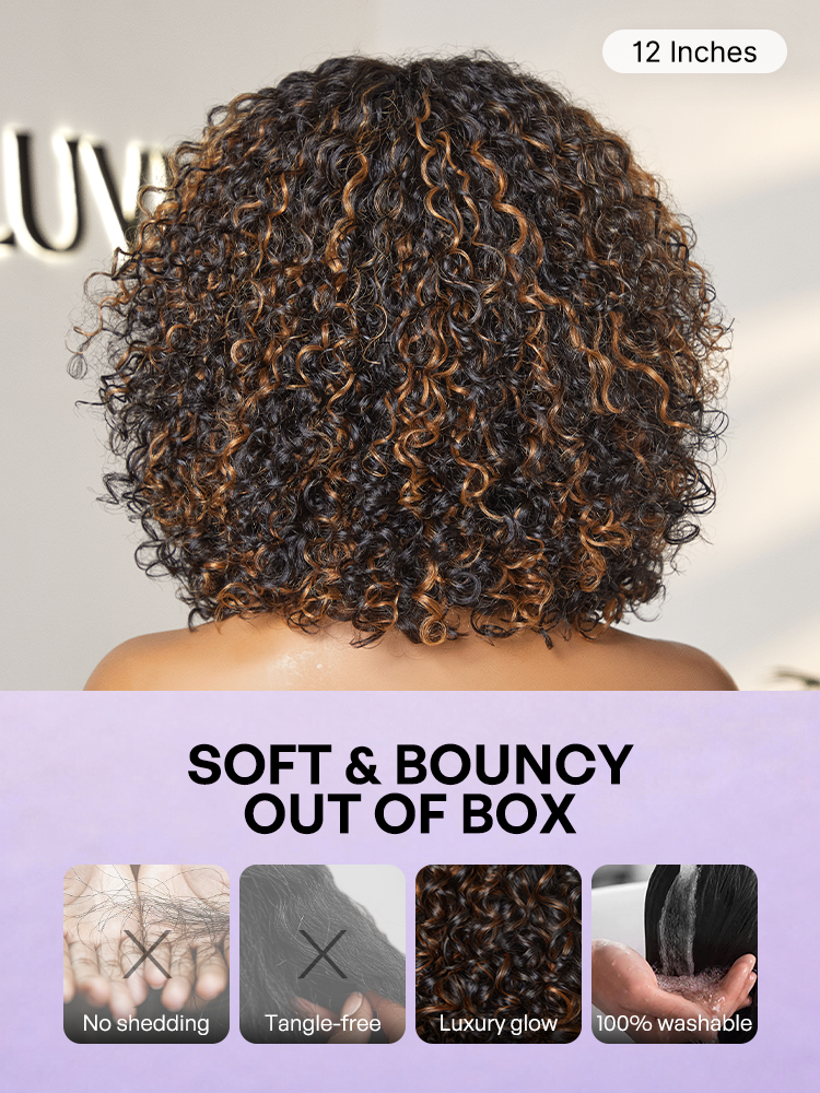 1 SEC INSTALL WIG | Brown Highlight / Natural Black Water Wave Natural Scalp Glueless Minimalist Lace Short Curly Wig with Bangs