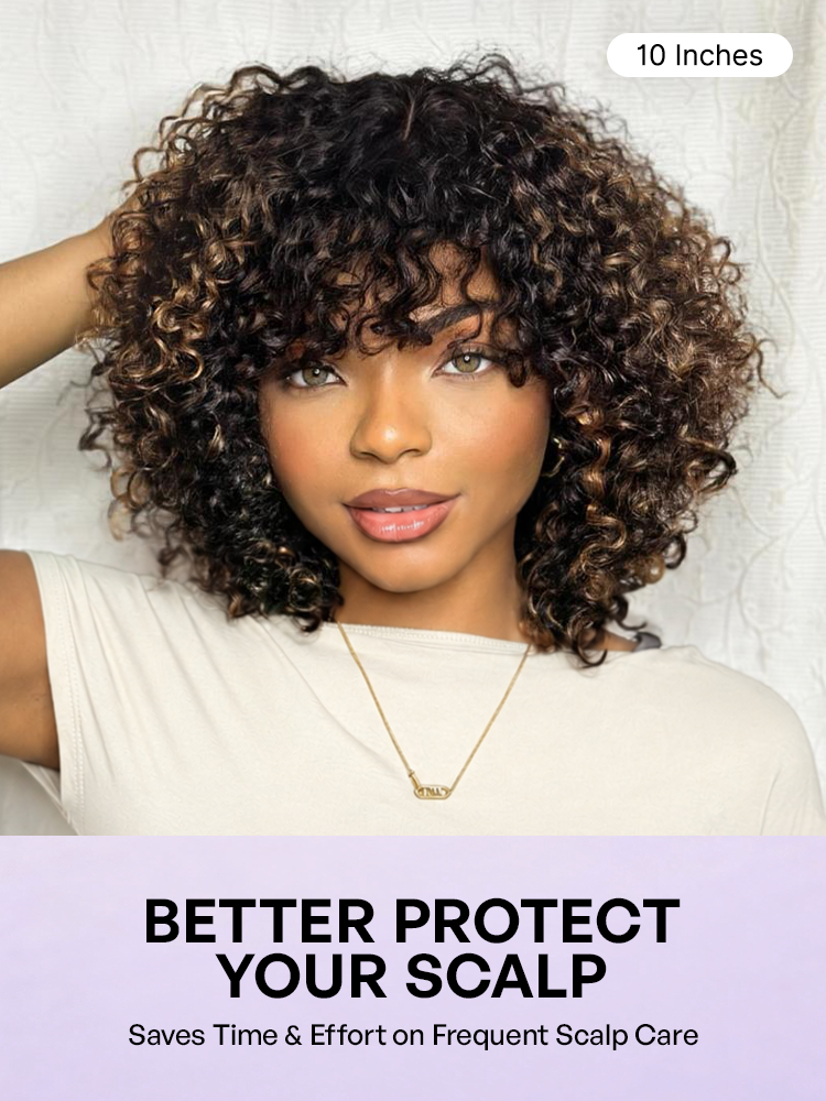 1 SEC INSTALL WIG | Brown Highlight / Natural Black Water Wave Natural Scalp Glueless Minimalist Lace Short Curly Wig with Bangs