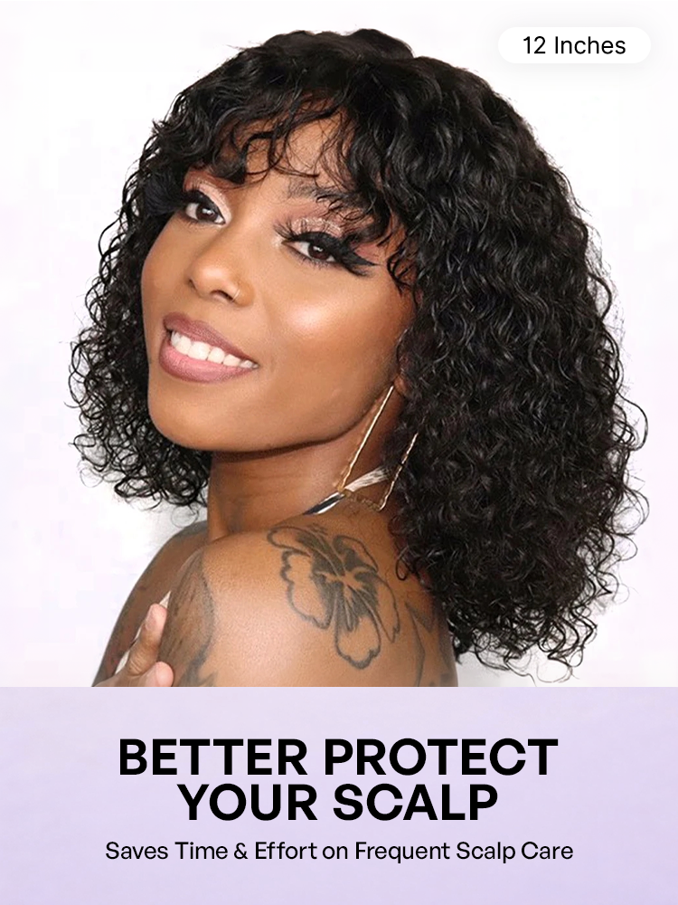 1 SEC INSTALL WIG | Brown Highlight / Natural Black Water Wave Natural Scalp Glueless Minimalist Lace Short Curly Wig with Bangs