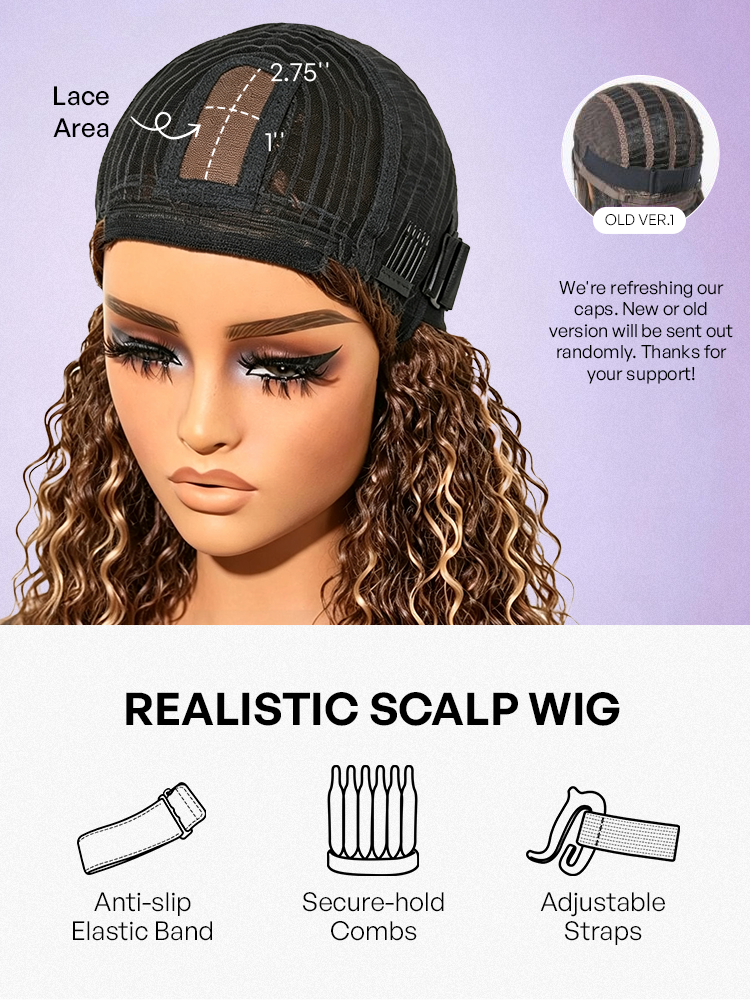 1 SEC INSTALL WIG | Brown Highlight / Natural Black Water Wave Natural Scalp Glueless Minimalist Lace Short Curly Wig with Bangs