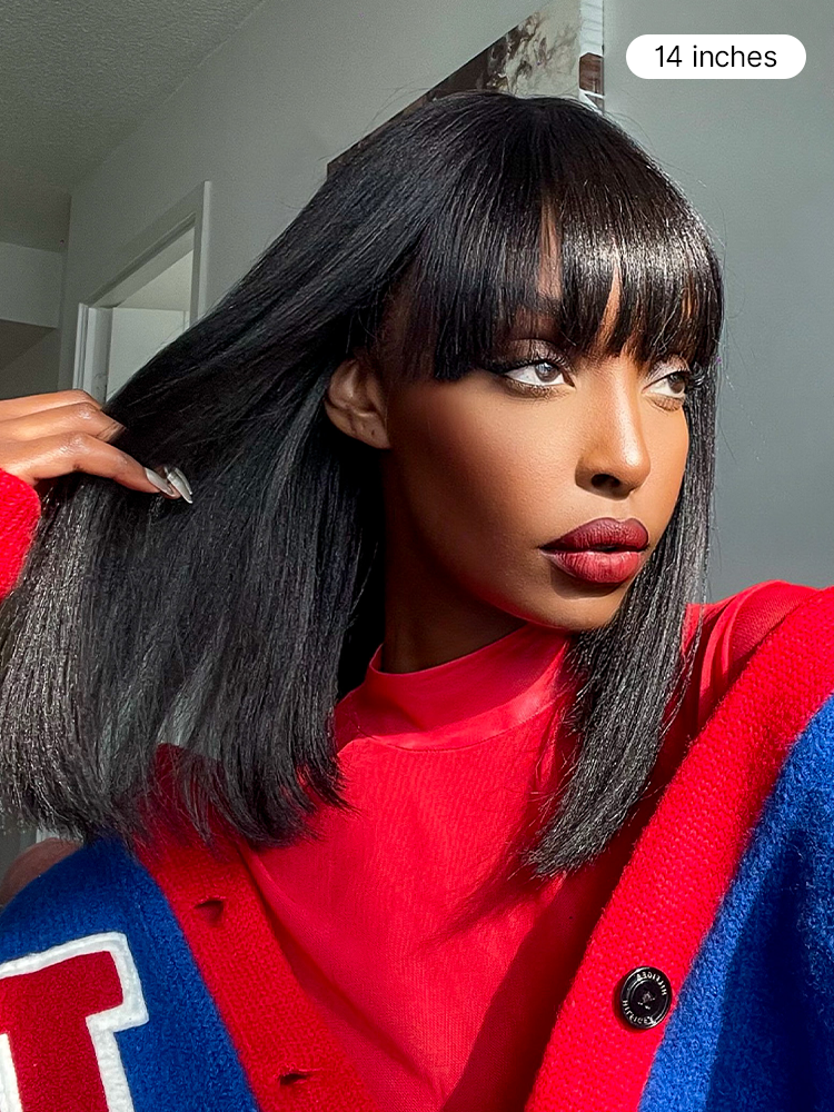 Put On and Go Realistic Glueless Yaki Straight Bob with Bangs Minimalist Lace Wig 100% Human Hair