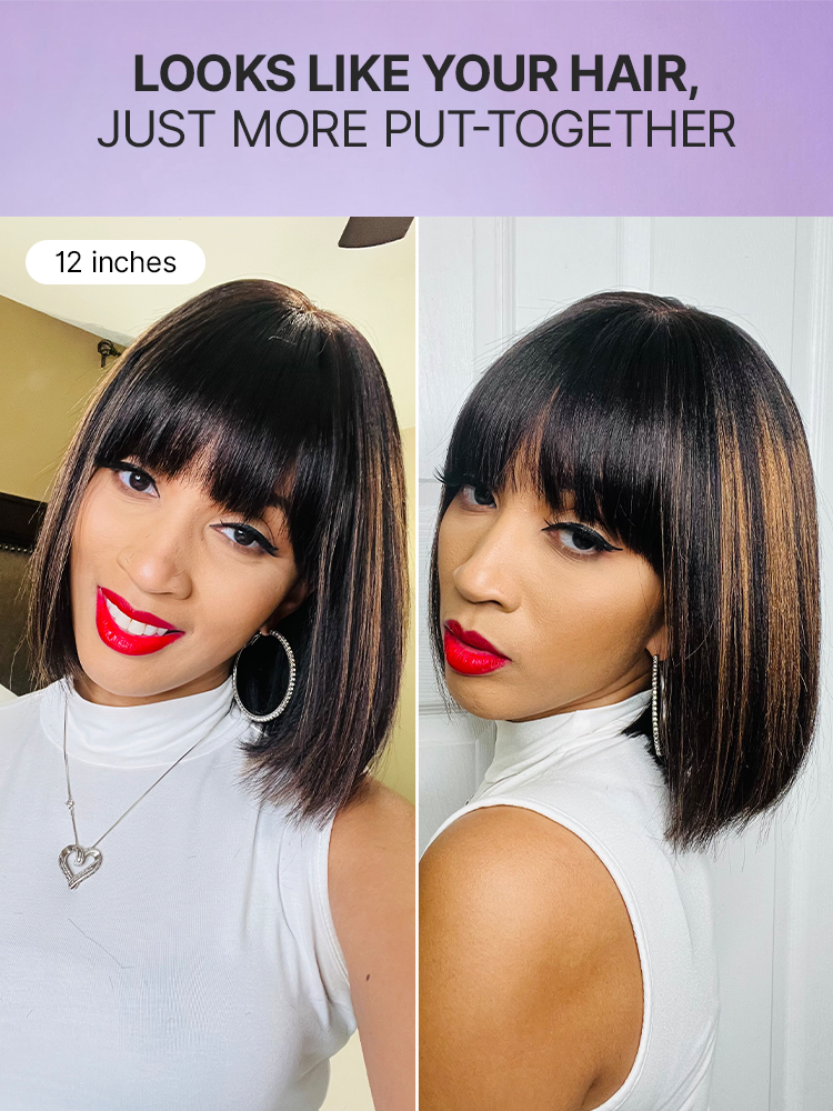 Put On and Go Realistic Glueless Yaki Straight Bob with Bangs Minimalist Lace Wig 100% Human Hair