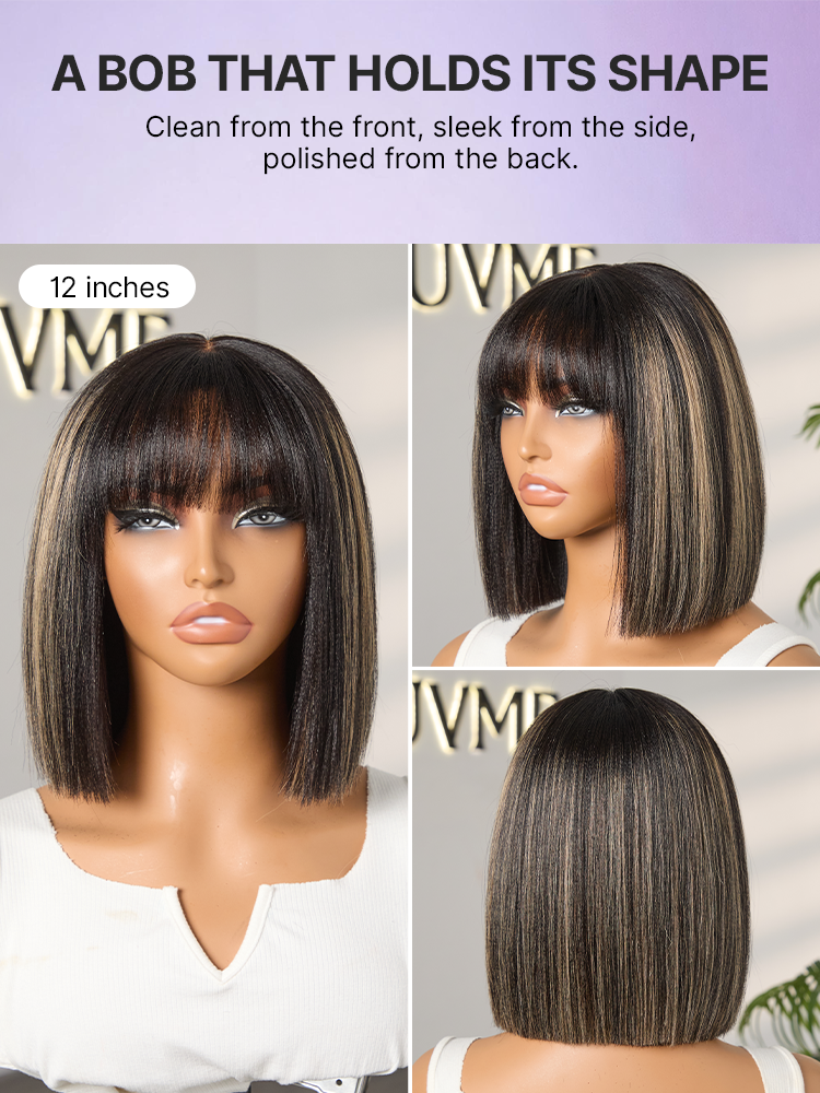 Put On and Go Realistic Glueless Yaki Straight Bob with Bangs Minimalist Lace Wig 100% Human Hair