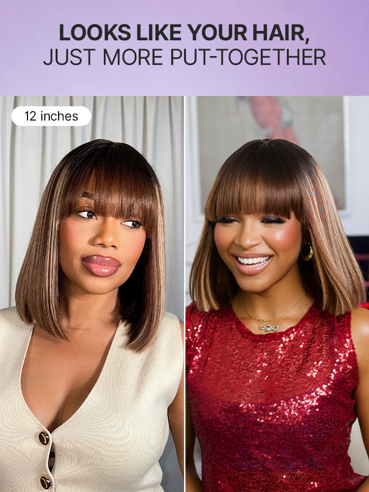 Put On and Go Realistic Glueless Yaki Straight Bob with Bangs Minimalist Lace Wig 100% Human Hair