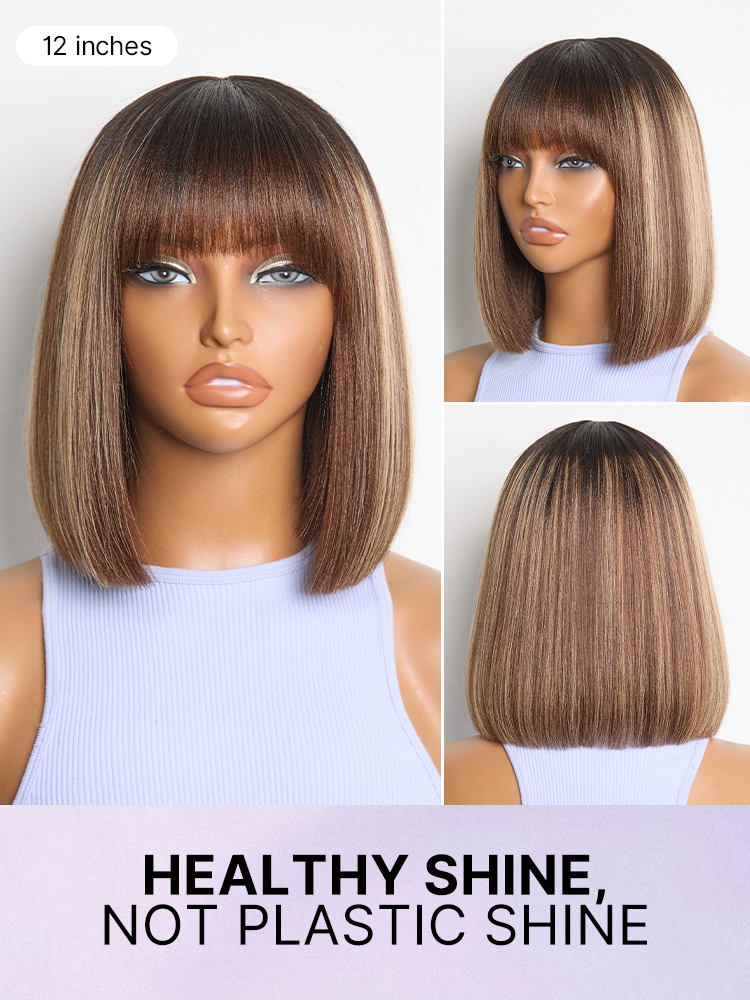 Put On and Go Realistic Glueless Yaki Straight Bob with Bangs Minimalist Lace Wig 100% Human Hair