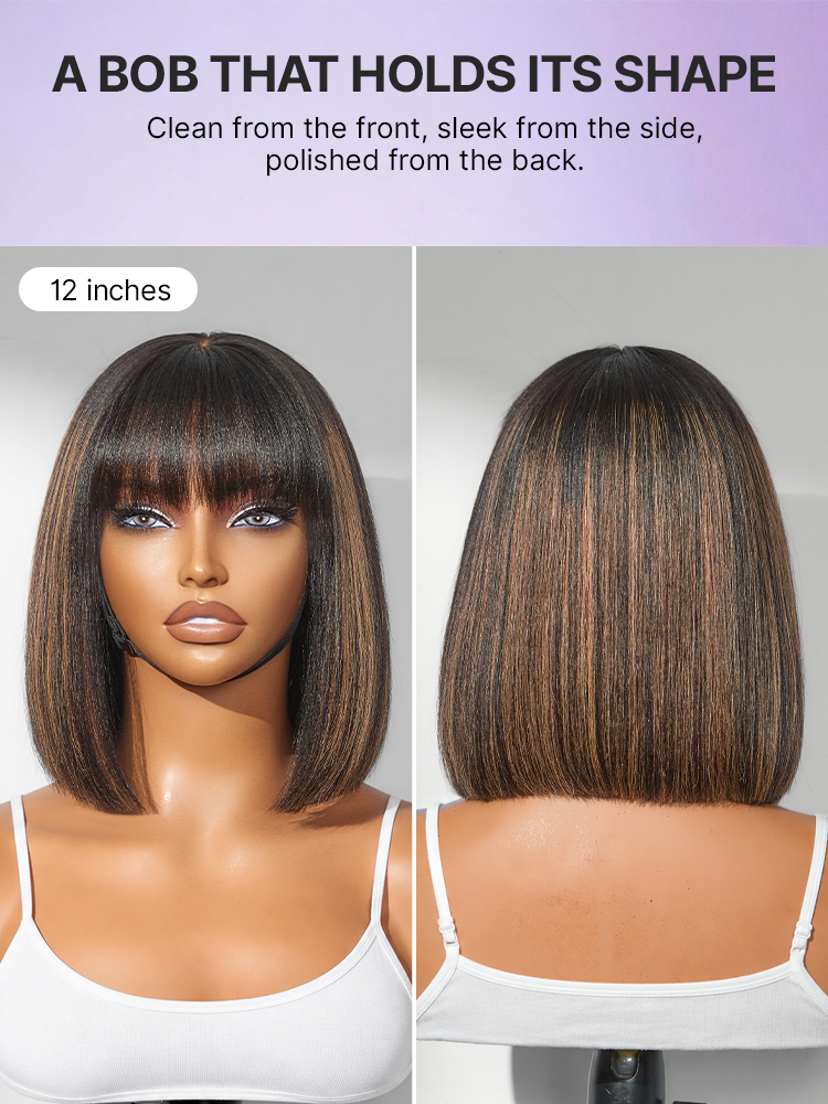 Put On and Go Realistic Glueless Yaki Straight Bob with Bangs Minimalist Lace Wig 100% Human Hair