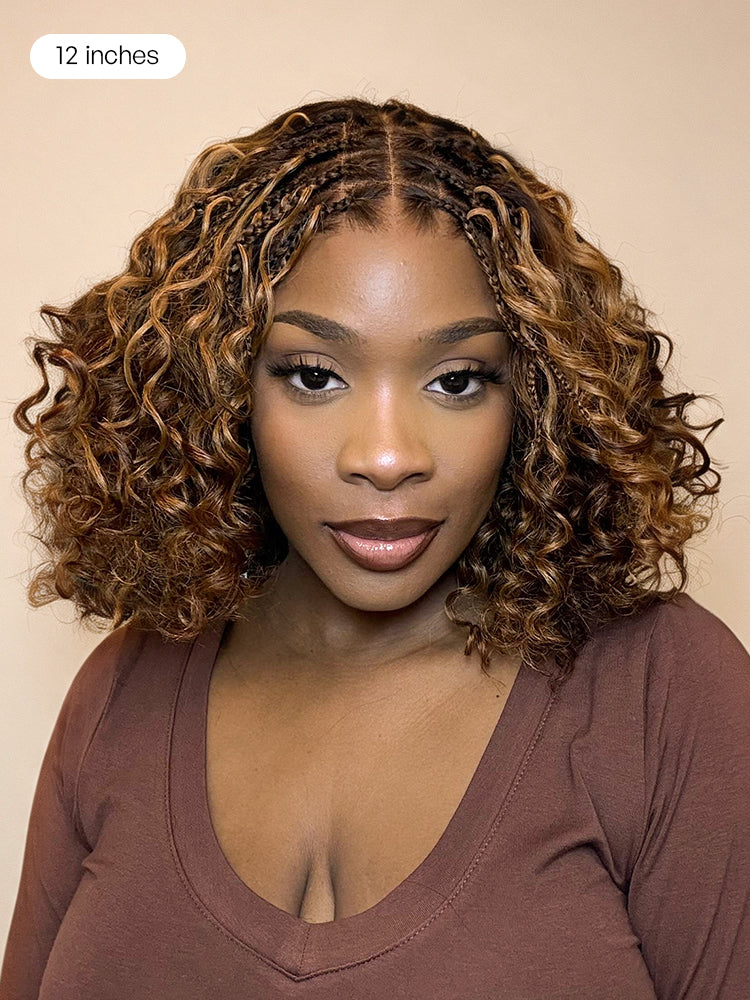 Readitress™ Ombre Brown Highlight Boho Braids Deep Curly Glueless 5x5 Closure Lace with Braided Top Human Hair Wig Pre-Cut Lace