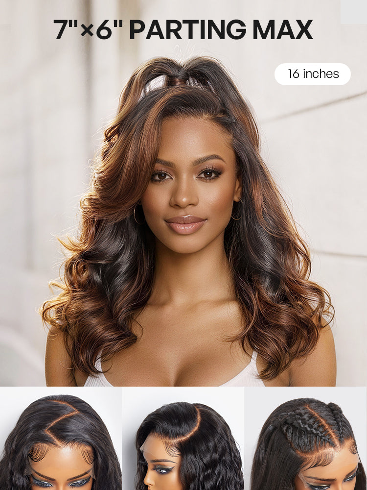 Melted Hair All-Day Curl Hold™ Premier Grade Hair Ombre Brown Body Wave CuticleAlign™ PartingMax Glueless 7x6 HD Lace Wig Pre-Cut Lace