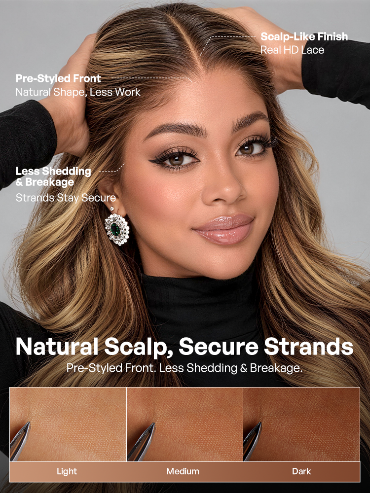 Melted Hair Originalive™ Hair 180% / 250% Density Honey Blonde Highlight Loose Wave Glueless 13x6 HD Lace Front Wig Pre-Cut Lace Flexi-Fit Drawstring Cap