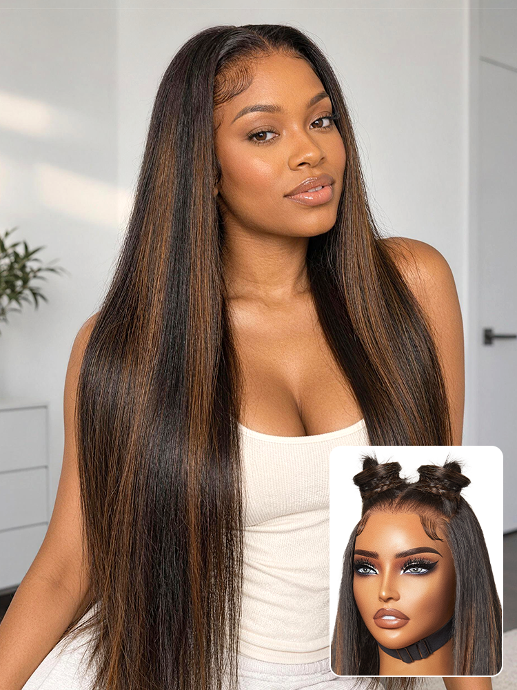 PreMax Wigs | Ultra Natural Hairline Brown Highlight Silky Straight Glueless 13x4 Frontal Lace Long Wig Pre-Cut Lace