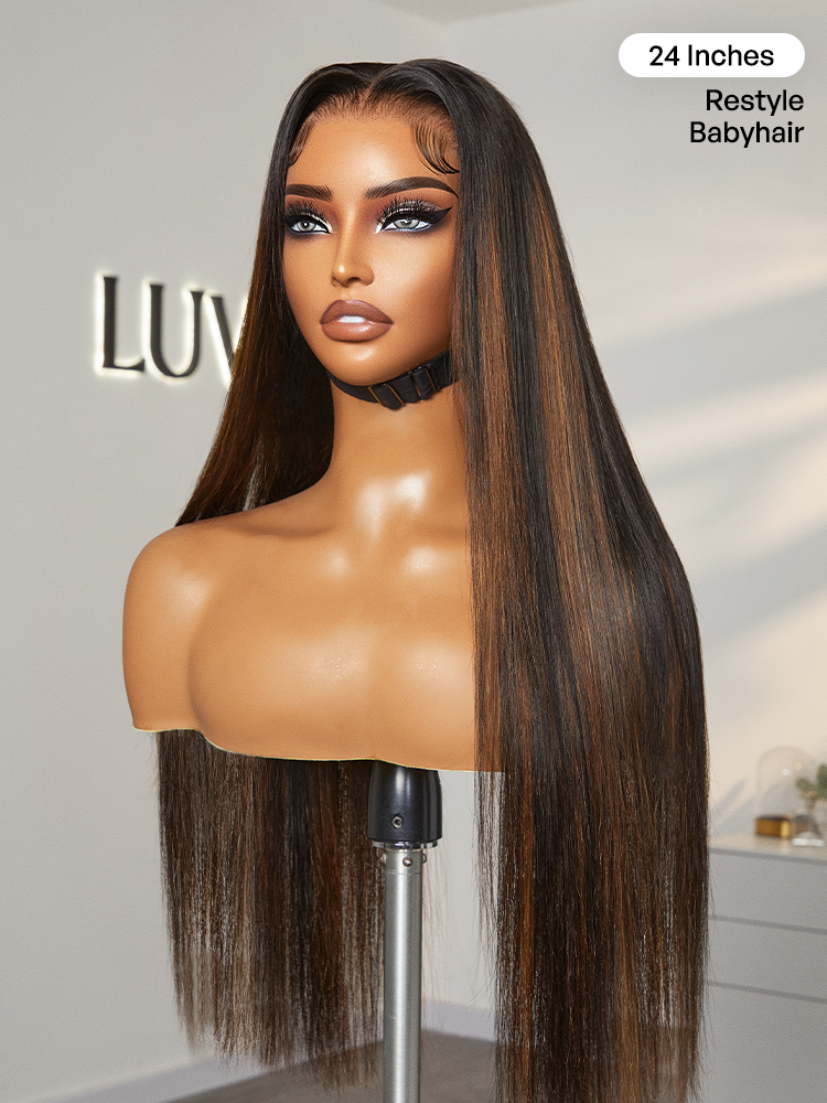 PreMax Wigs | Ultra Natural Hairline Brown Highlight Silky Straight Glueless 13x4 Frontal Lace Long Wig Pre-Cut Lace