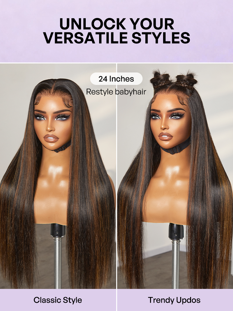 PreMax Wigs | Ultra Natural Hairline Brown Highlight Silky Straight Glueless 13x4 Frontal Lace Long Wig Pre-Cut Lace