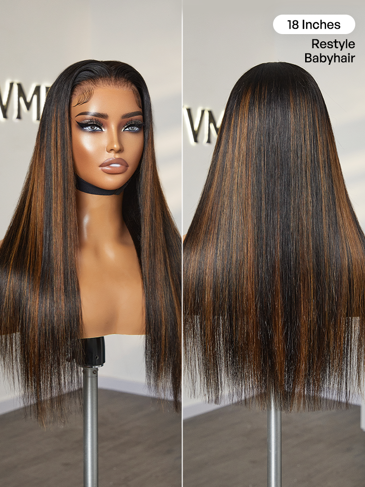 PreMax Wigs | Ultra Natural Hairline Brown Highlight Silky Straight Glueless 13x4 Frontal Lace Long Wig Pre-Cut Lace