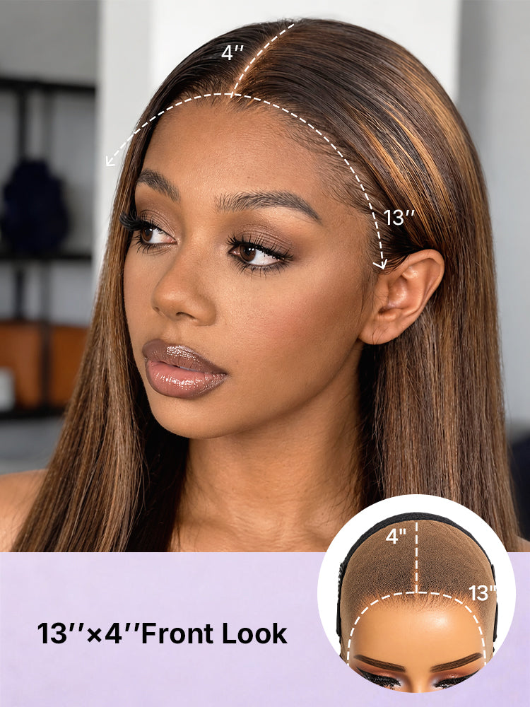 PreMax Wigs - Chestnut Brown with Honey Blonde Highlights Silky Straight 13x4 Frontal Lace Glueless Long Wig Pre-Cut Lace