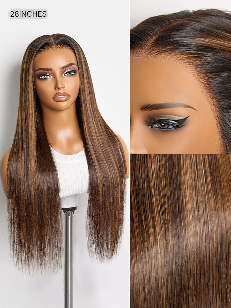 PreMax Wigs - Chestnut Brown with Honey Blonde Highlights Silky Straight 13x4 Frontal Lace Glueless Long Wig Pre-Cut Lace