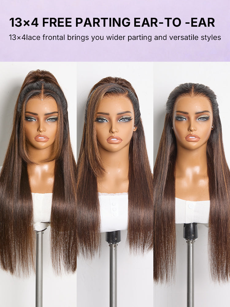 PreMax Wigs - Chestnut Brown with Honey Blonde Highlights Silky Straight 13x4 Frontal Lace Glueless Long Wig Pre-Cut Lace