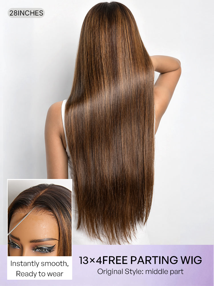 PreMax Wigs - Chestnut Brown with Honey Blonde Highlights Silky Straight 13x4 Frontal Lace Glueless Long Wig Pre-Cut Lace