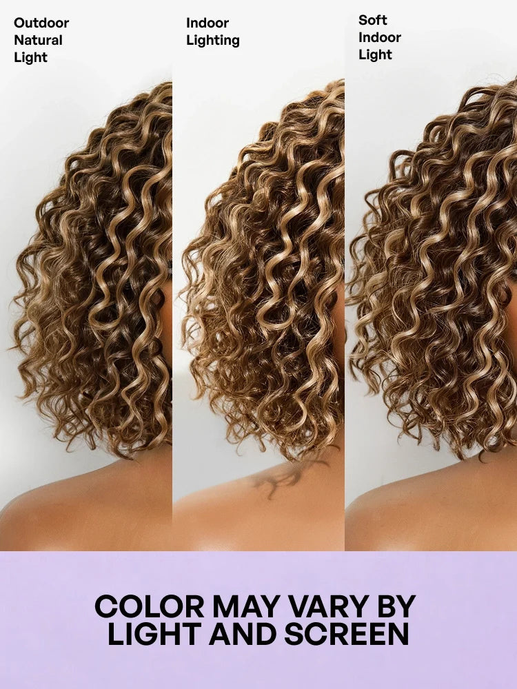 Ready to Go Blonde Highlight / Natural Black / Ombre Brown Water Wave Short Curly Bob Wig Glueless Minimalist HD Lace Wig Pre-Cut Lace