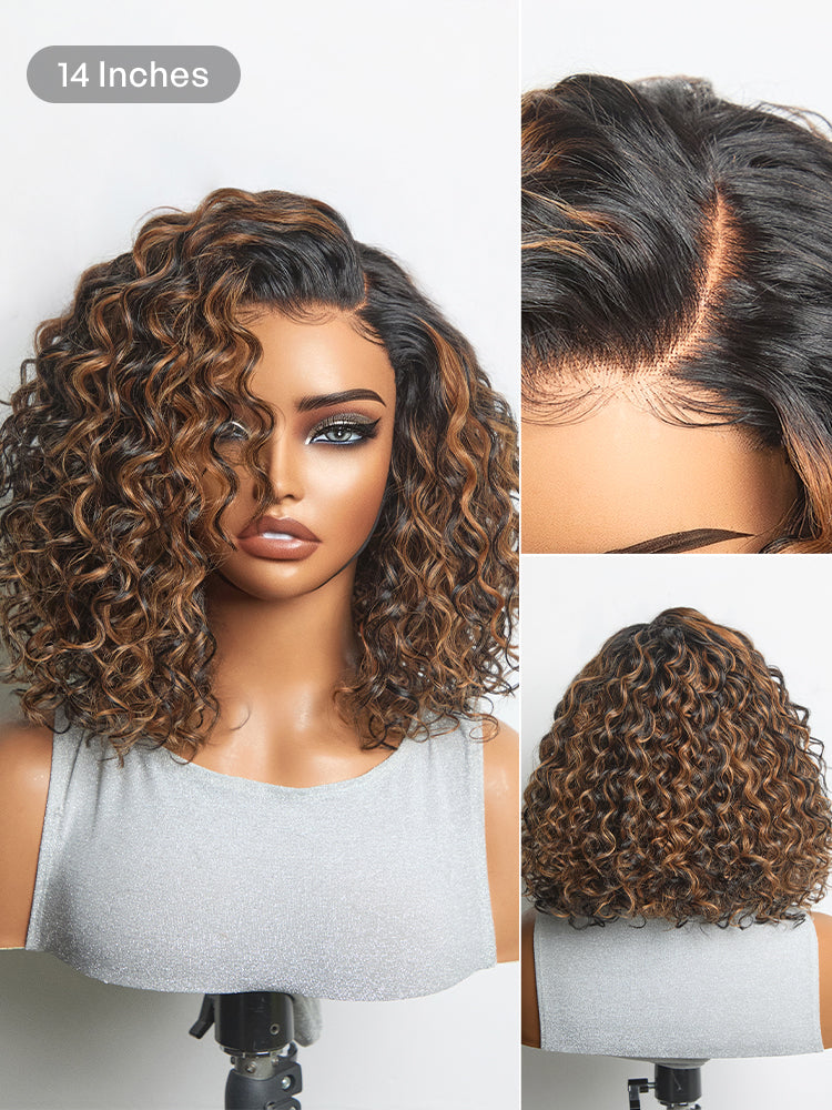 Brown Highlight Deep Wave Glueless Minimalist HD Lace Curly Wig Pre-Cut Lace