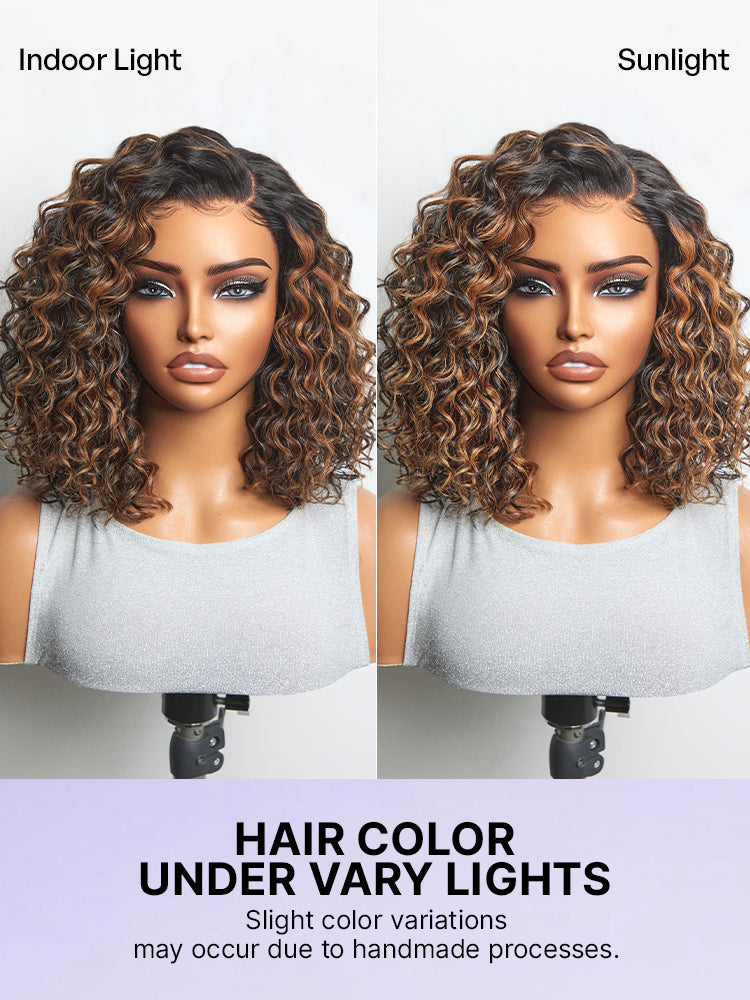 Brown Highlight Deep Wave Glueless Minimalist HD Lace Curly Wig Pre-Cut Lace