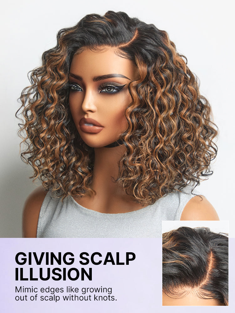 Brown Highlight Deep Wave Glueless Minimalist HD Lace Curly Wig Pre-Cut Lace