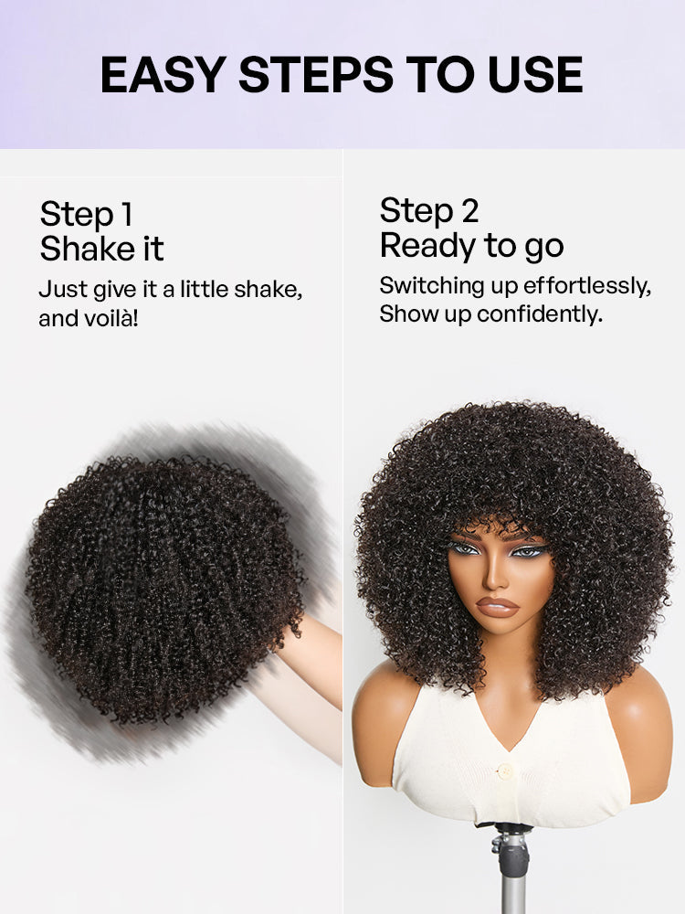 Throw On & Go 200% Density Natural Black Afro Curly No Lace Glueless Short Wig