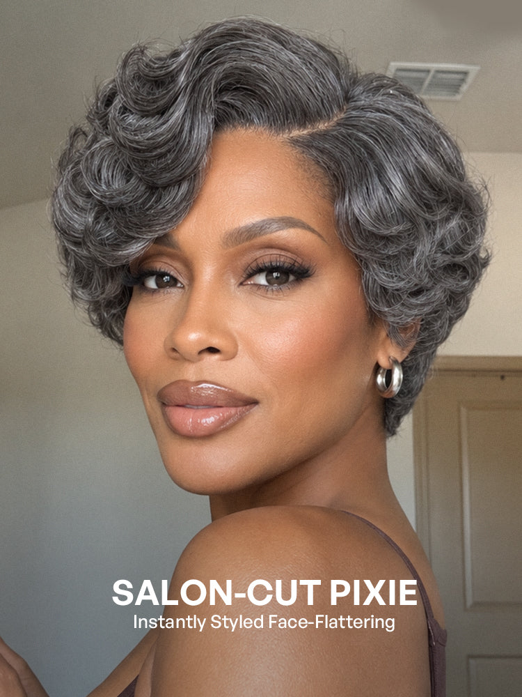 Salt and Pepper Gray Egg Curl Glueless Minimalist HD Lace Pixie Wig Pre-cut Lace-09