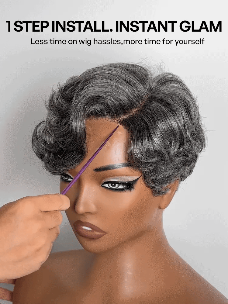 Salt and Pepper Gray Egg Curl Glueless Minimalist HD Lace Pixie Wig Pre-cut Lace-14