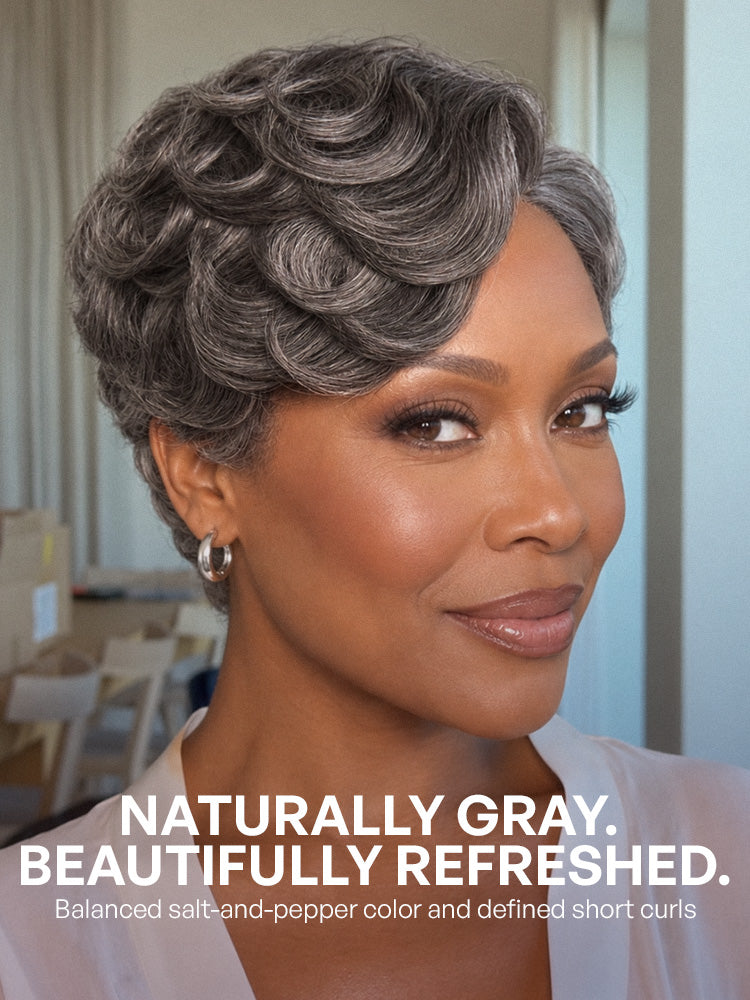 Salt and Pepper Gray Egg Curl Glueless Minimalist HD Lace Pixie Wig Pre-cut Lace
