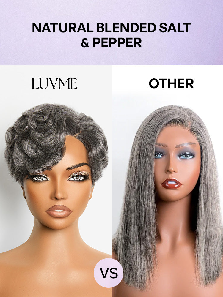 Salt and Pepper Gray Egg Curl Glueless Minimalist HD Lace Pixie Wig Pre-cut Lace