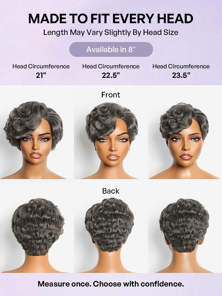 Salt and Pepper Gray Egg Curl Glueless Minimalist HD Lace Pixie Wig Pre-cut Lace