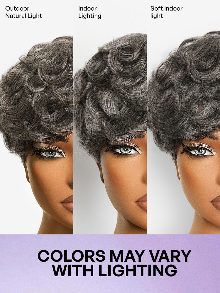 Salt and Pepper Gray Egg Curl Glueless Minimalist HD Lace Pixie Wig Pre-cut Lace