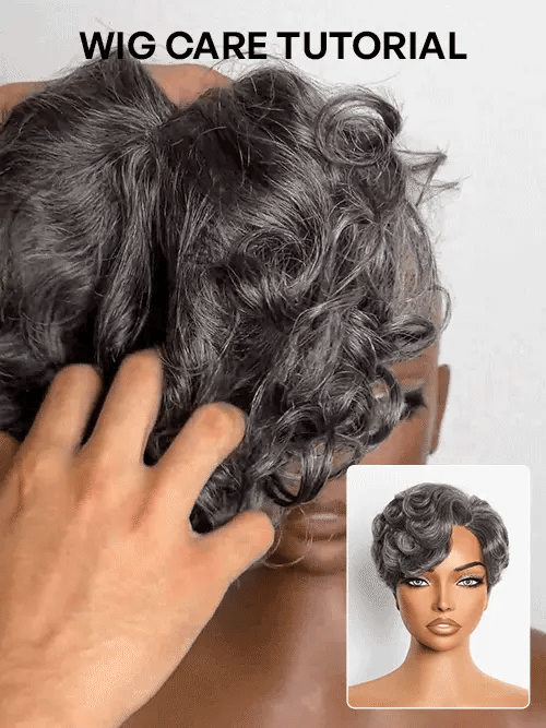Salt and Pepper Gray Egg Curl Glueless Minimalist HD Lace Pixie Wig Pre-cut Lace