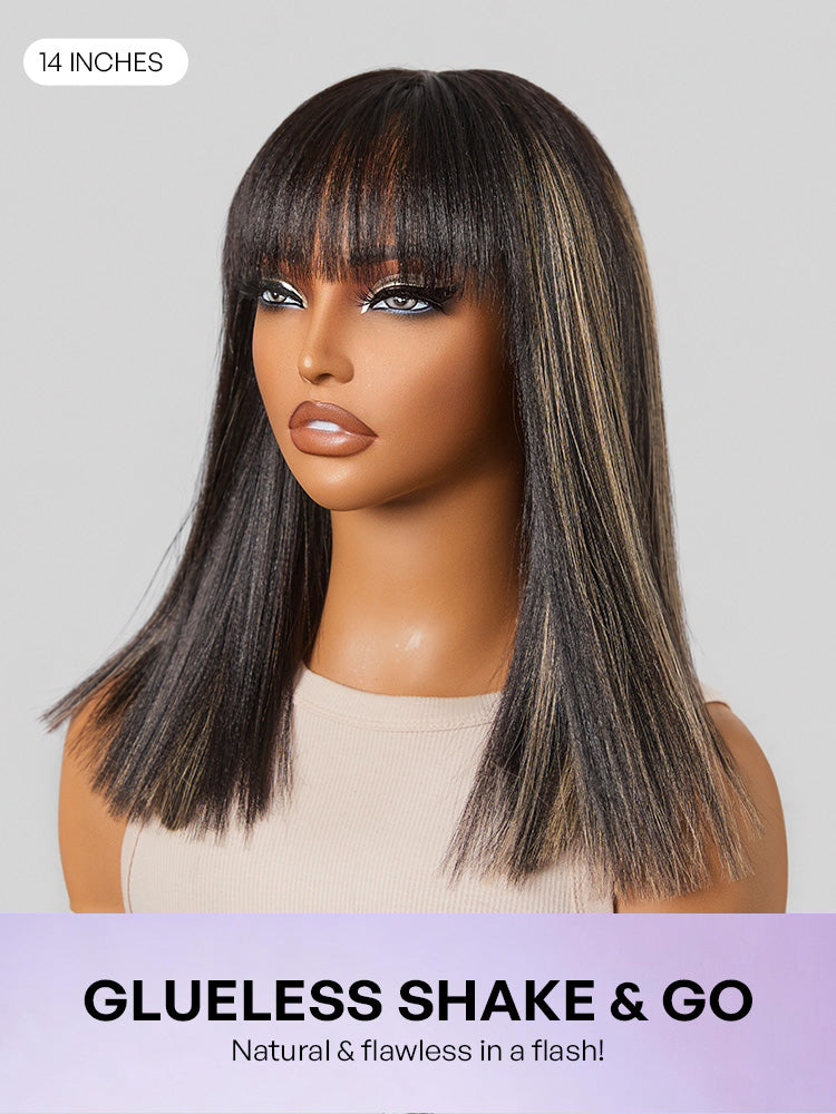 Put On and Go Blonde Highlight Yaki Straight Blunt Cut Bob Glueless Minimalist Lace Short Wig with Bangs
