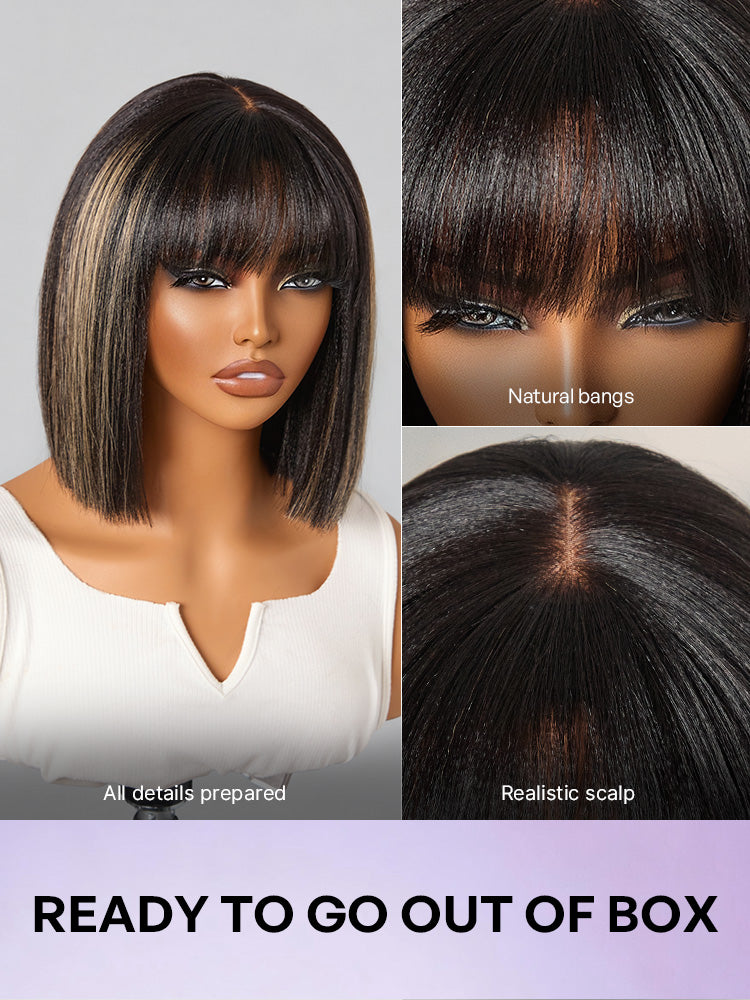 Put On and Go Blonde Highlight Yaki Straight Blunt Cut Bob Glueless Minimalist Lace Short Wig with Bangs
