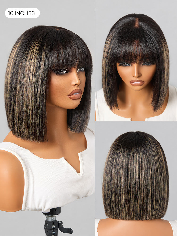 Put On and Go Blonde Highlight Yaki Straight Blunt Cut Bob Glueless Minimalist Lace Short Wig with Bangs