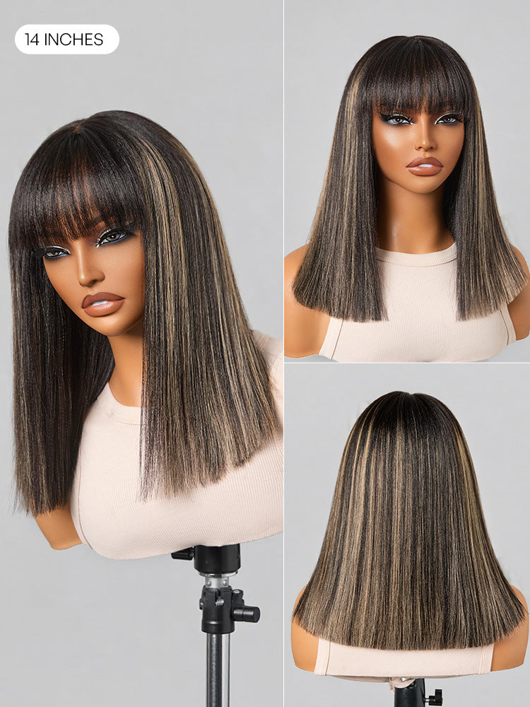 Put On and Go Blonde Highlight Yaki Straight Blunt Cut Bob Glueless Minimalist Lace Short Wig with Bangs