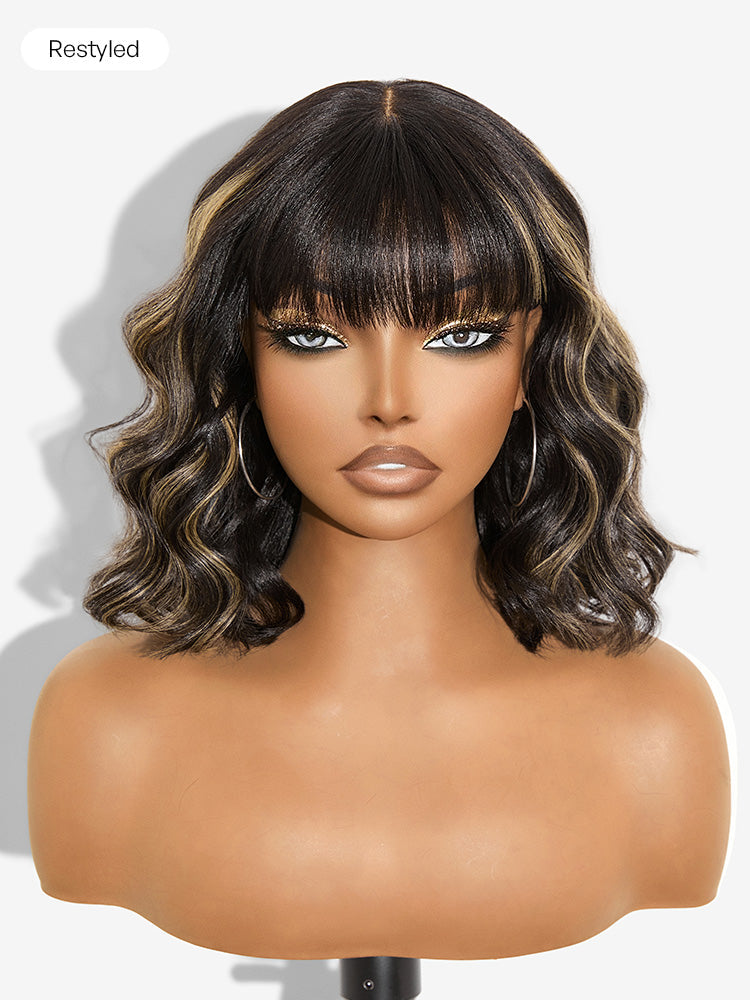 Put On and Go Blonde Highlight Yaki Straight Blunt Cut Bob Glueless Minimalist Lace Short Wig with Bangs