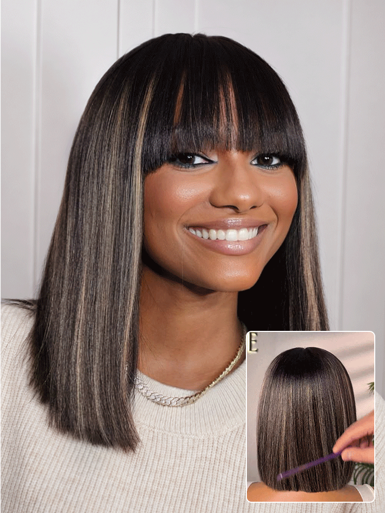 Put On and Go Blonde Highlight Yaki Straight Blunt Cut Bob Glueless Minimalist Lace Short Wig with Bangs