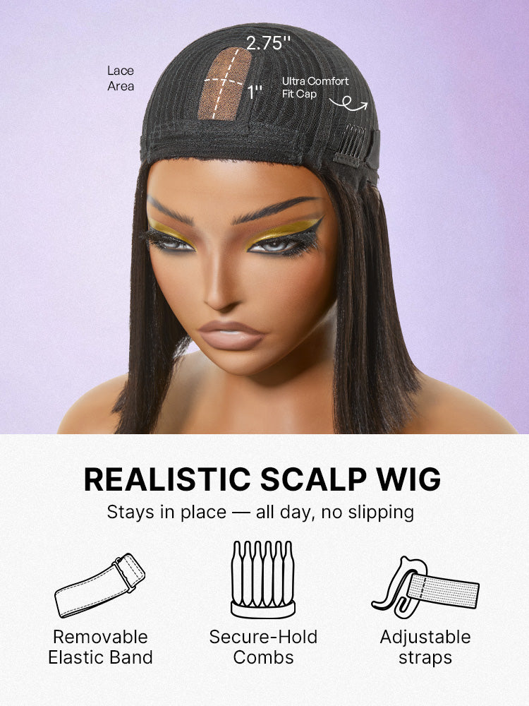 Put On and Go Blonde Highlight Yaki Straight Blunt Cut Bob Glueless Minimalist Lace Short Wig with Bangs