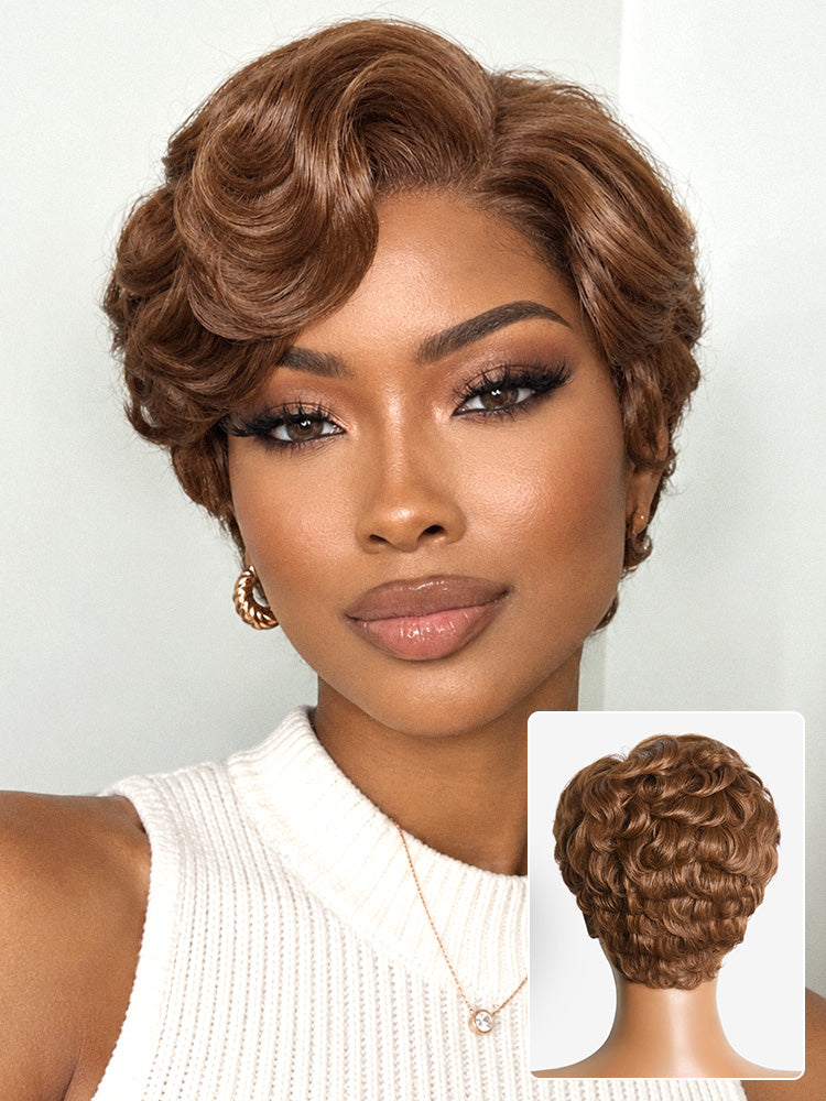 Ready-to-Go Elegant Caramel Brown Egg Curl Glueless Minimalist HD Lace Short Pixie Wig Pre-cut Lace