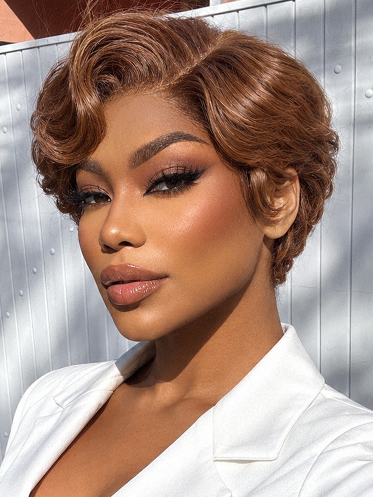 Ready-to-Go Elegant Caramel Brown Egg Curl Glueless Minimalist HD Lace Short Pixie Wig Pre-cut Lace