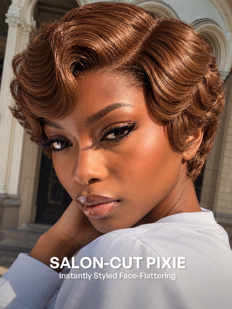 Ready-to-Go Elegant Caramel Brown Egg Curl Glueless Minimalist HD Lace Short Pixie Wig Pre-cut Lace-15