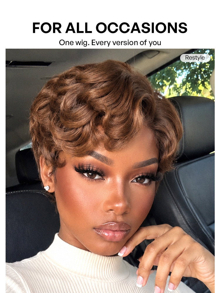 Ready-to-Go Elegant Caramel Brown Egg Curl Glueless Minimalist HD Lace Short Pixie Wig Pre-cut Lace-17